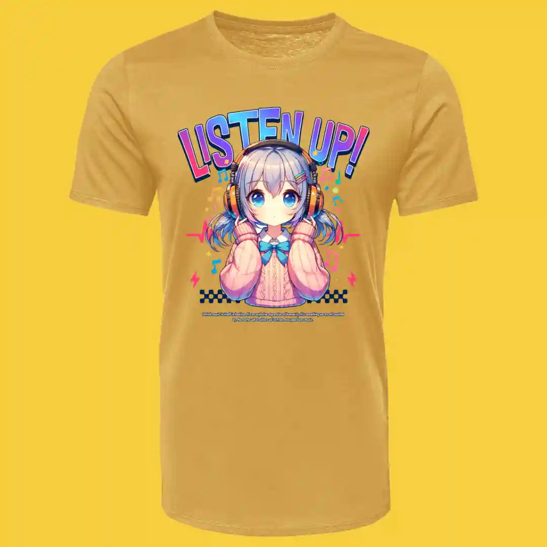 Listen Up Anime Music T Shirt in Gold