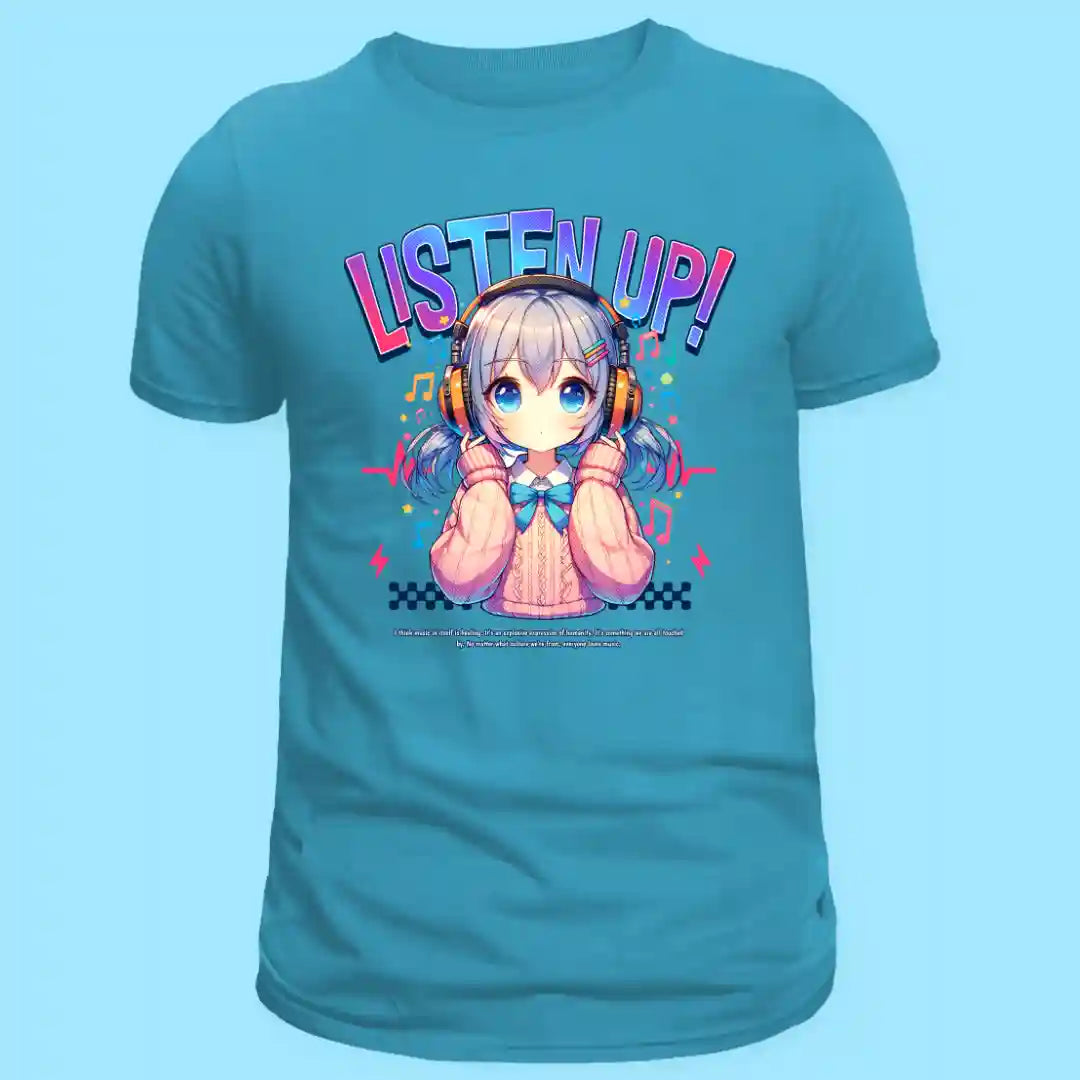 Listen Up Anime Music T Shirt in Light Blue