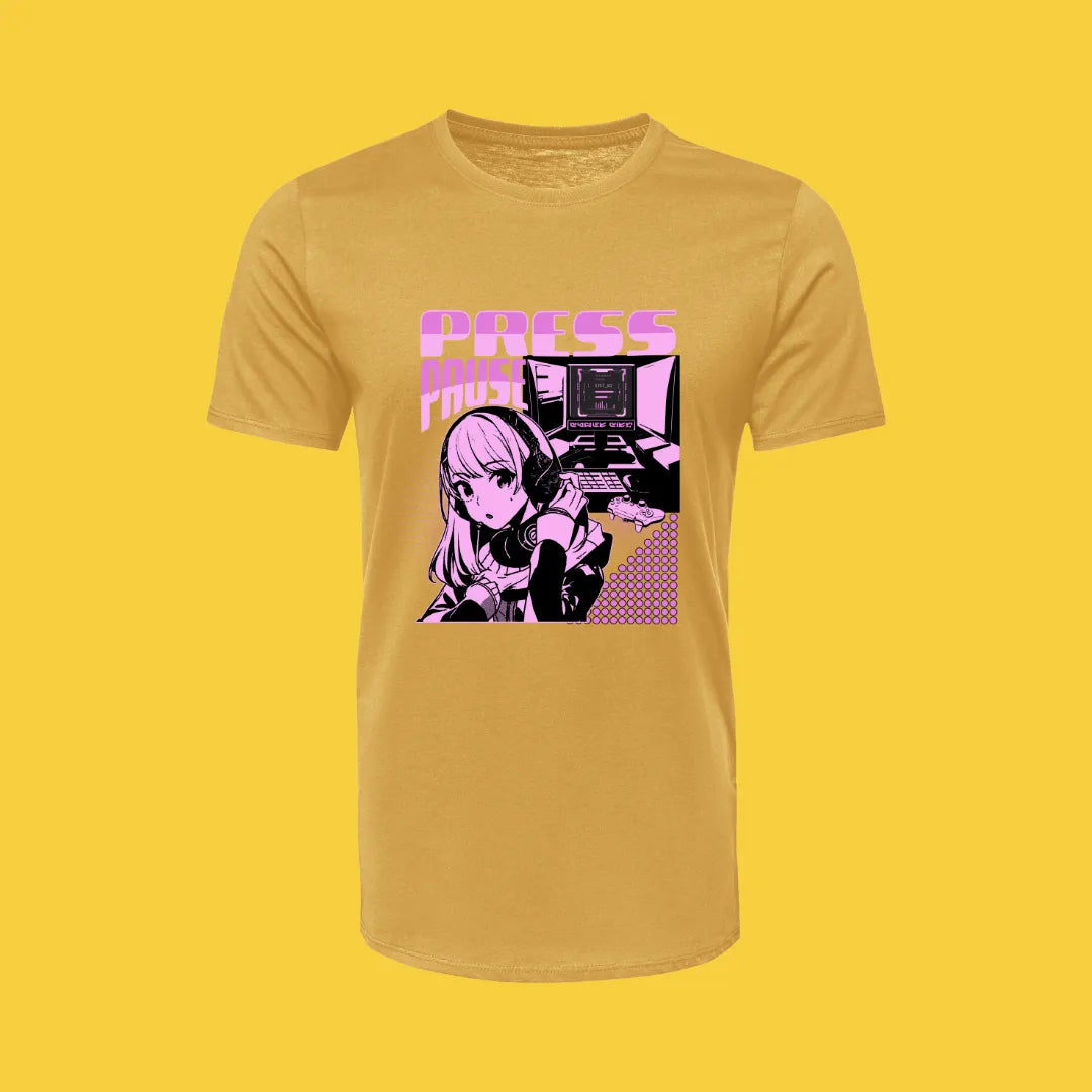 Press Pause Gamer Anime T-Shirt in Gold
