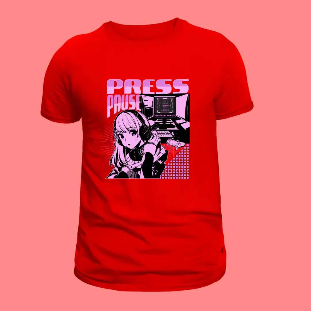 Press Pause Gamer Anime T-Shirt in Red