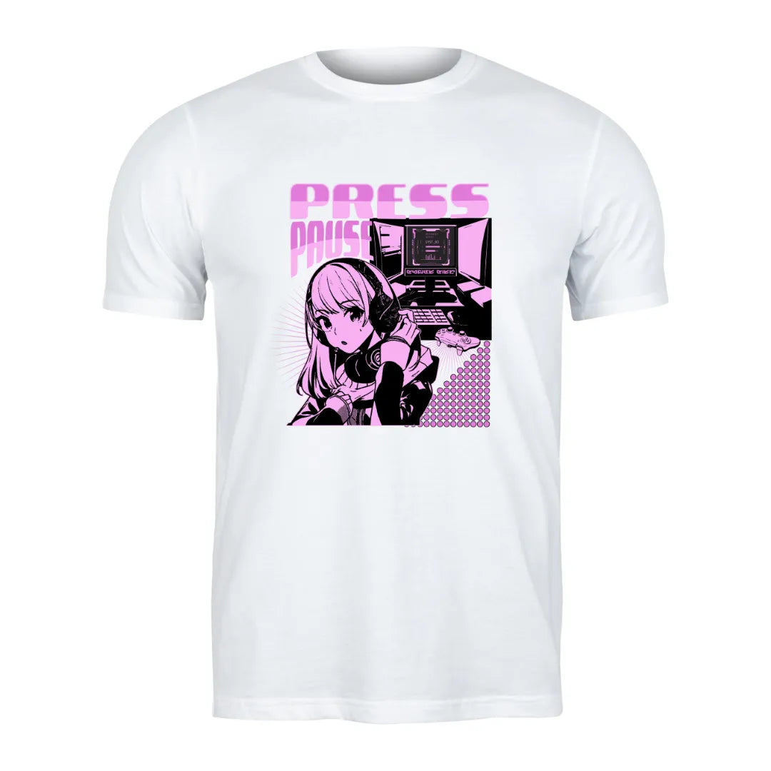 Press Pause Gamer Anime T-Shirt in White