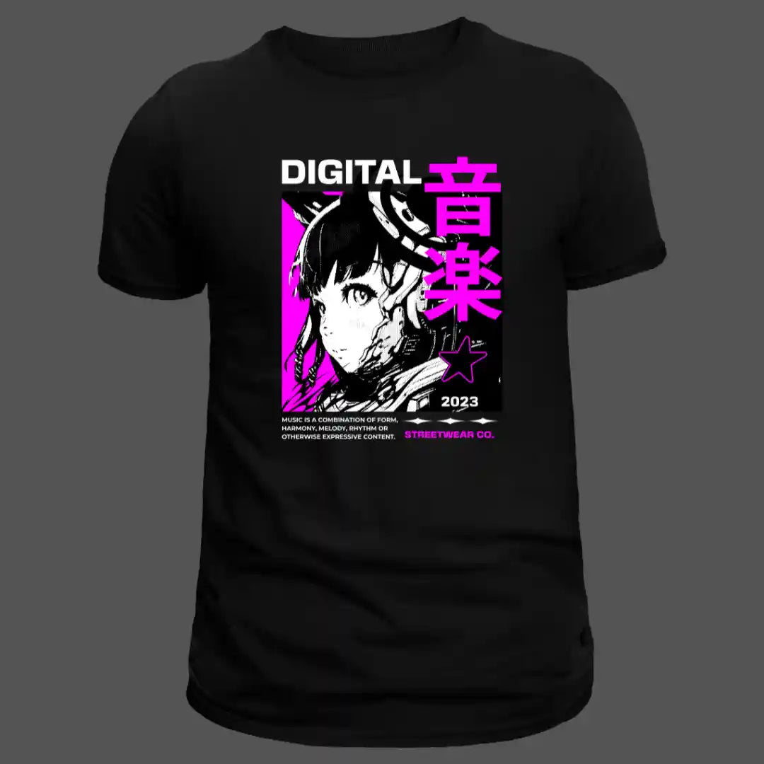 Cyber Neon Anime T-Shirt in Black