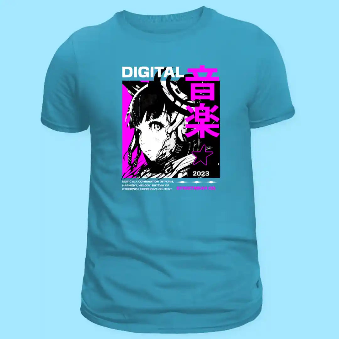 Cyber Neon Anime T-Shirt in Light Blue