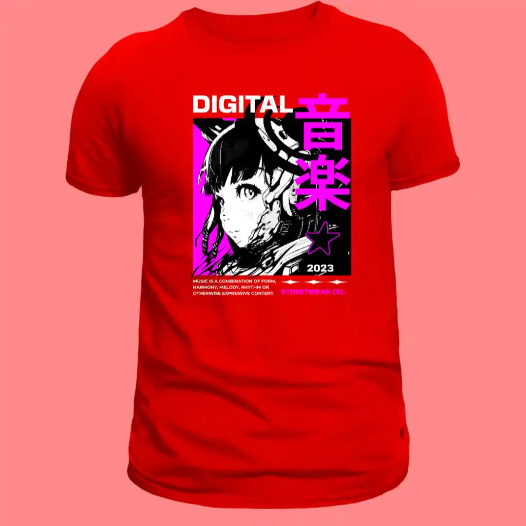 Cyber Neon Anime T-Shirt in Pastel Red