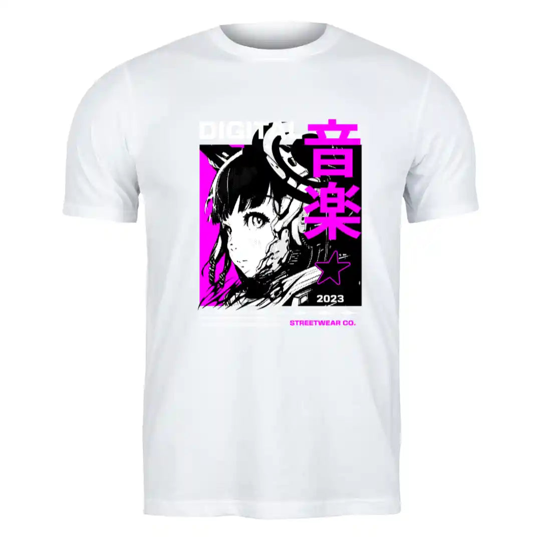 Cyber Neon Anime T-Shirt in White