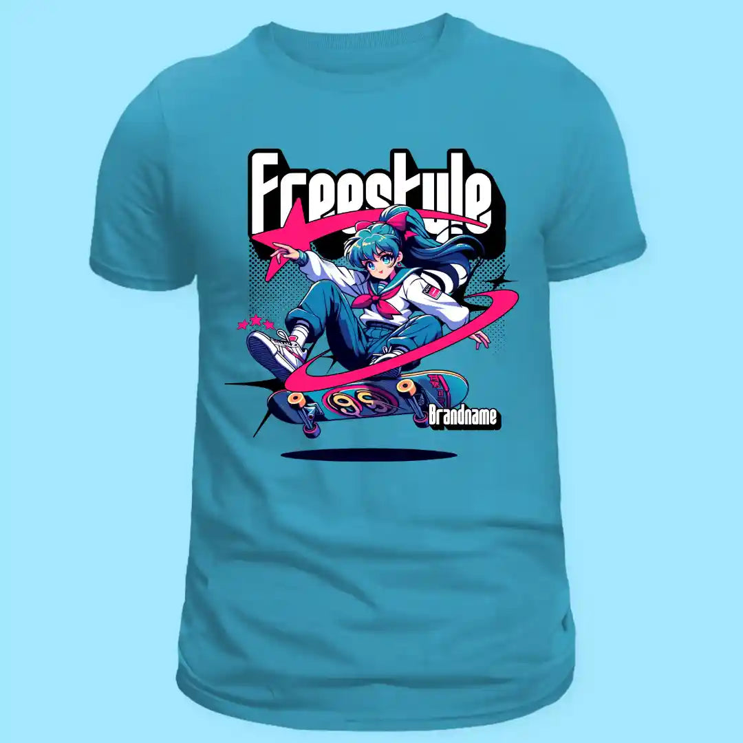 Freestyle Skater Anime T-Shirt in Light Blue