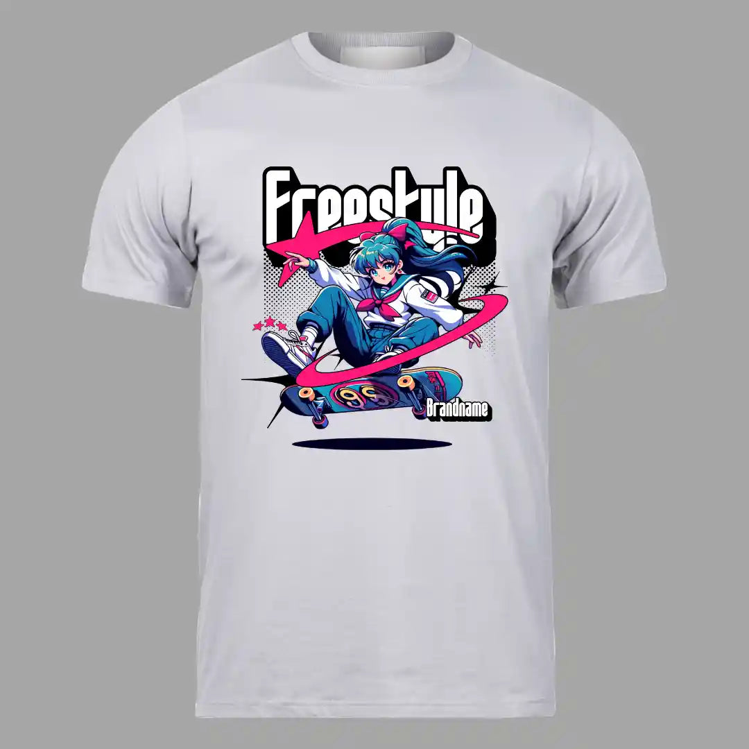 Freestyle Skater Anime T-Shirt in Pastel Gray