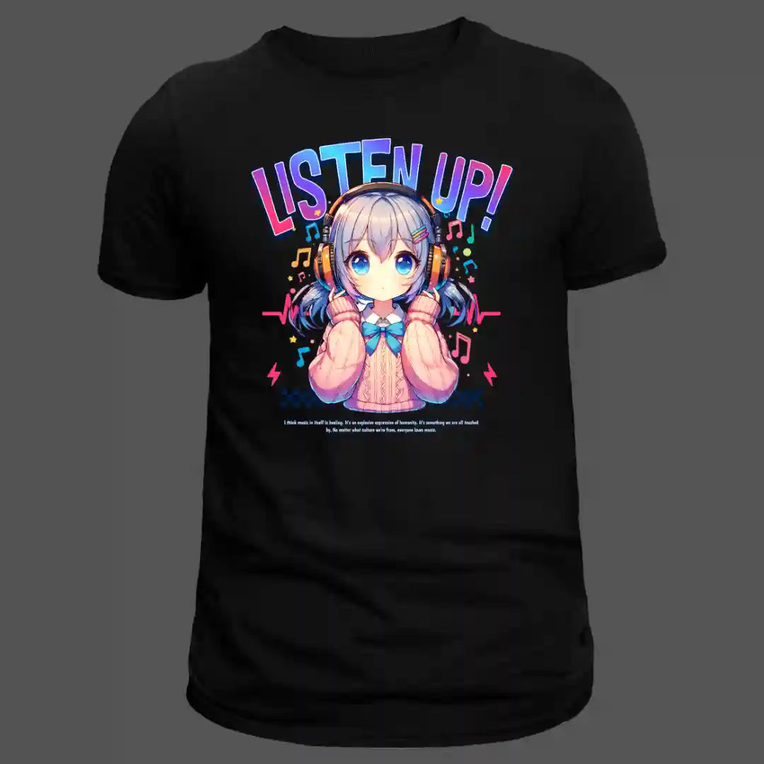 Listen Up Anime Music T Shirt in Black