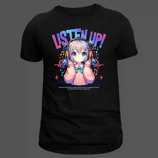 Listen Up Anime Music T Shirt in Black