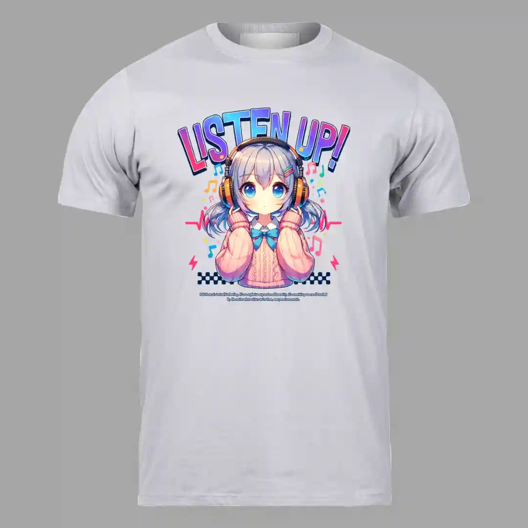 Listen Up Anime Music T Shirt in Pastel Gray