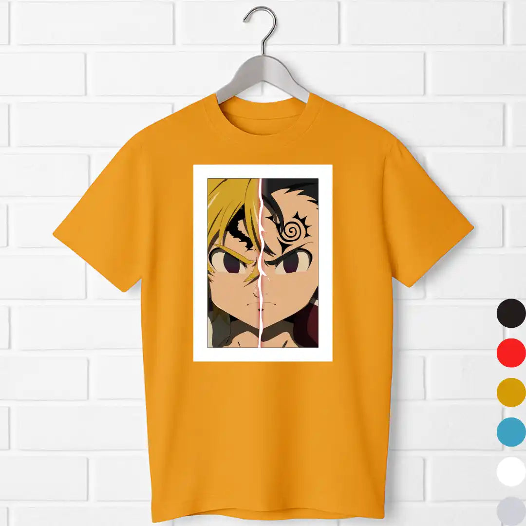 Meliodas Seven Deadly Sins T-Shirt – Demon Mode vs Hero Split Design black golden