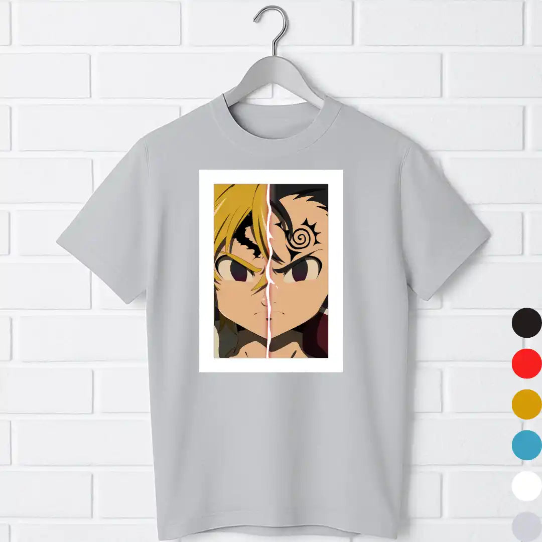 Meliodas Seven Deadly Sins T-Shirt – Demon Mode vs Hero Split Design pastel gray