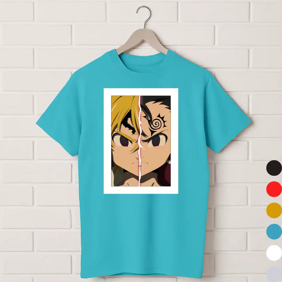 Meliodas Seven Deadly Sins T-Shirt – Demon Mode vs Hero Split Design pastel lightblue