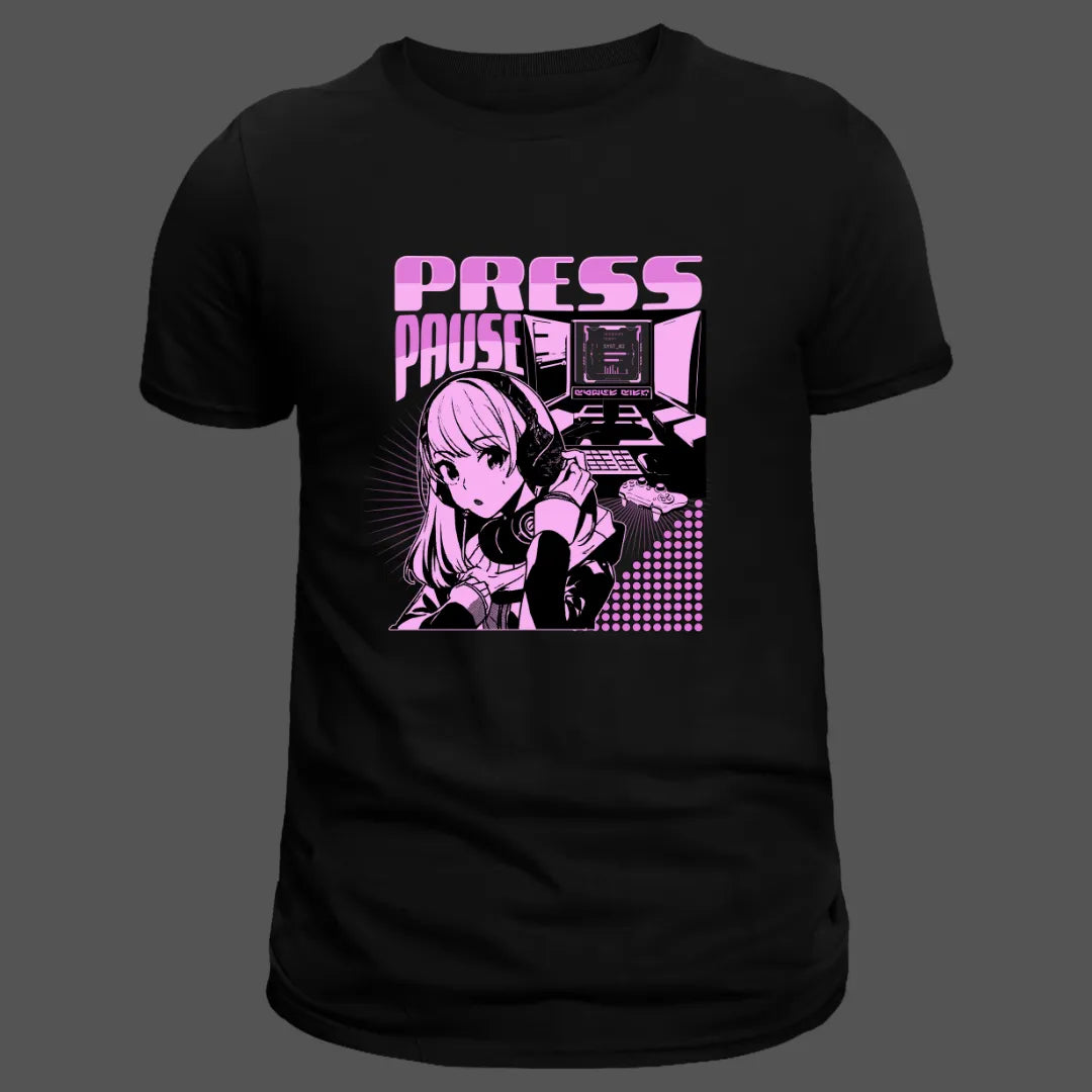 Press Pause Gamer Anime T-Shirt in Black